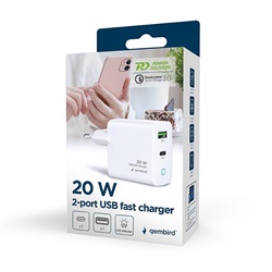 Gembird 2 portos 20 W-os USB gyorstöltő, LED, fehér