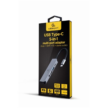 Gembird USB Type-C 5 az 1-ben többportos adapter (elosztó + HDMI + kábel + sztereó hang) (A-CM-COMBO5-02)