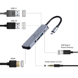 Gembird USB Type-C 5 az 1-ben többportos adapter (elosztó + HDMI + kábel + sztereó hang) (A-CM-COMBO5-02)