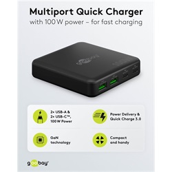 Goobay USB-C™ PD GaN többportos asztali töltő (100 W), fekete