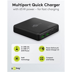Goobay USB-C™ PD GaN többportos asztali töltő (65 W), fekete