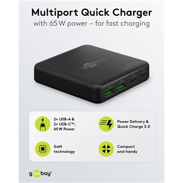 Goobay USB-C™ PD GaN többportos asztali töltő (65 W), fekete