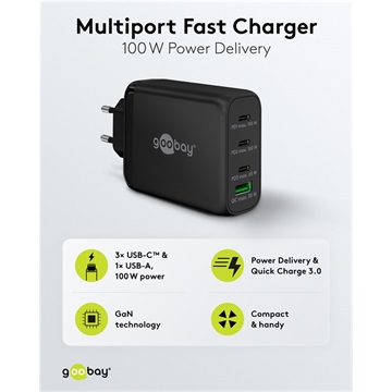 Goobay USB-C™ PD GaN többportos gyorstöltő (100 W), fekete