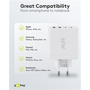 Goobay USB-C™ PD GaN többportos gyorstöltő (65 W), fehér