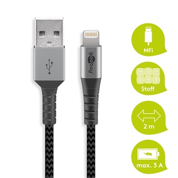 Goobay USB - Lightning flexibilis textil adat- és töltő kábel, 2 m, asztroszürke-ezüst