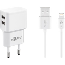 Goobay hálózati töltő 12W 2xUSB-A, fehér + 1 m Lightning töltőkábel