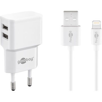 Goobay hálózati töltő 12W 2xUSB-A, fehér + 1 m Lightning töltőkábel