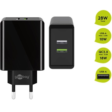 Goobay hálózati töltő 28W 1xUSB-A, 1xUSB-A QC3.0, fekete