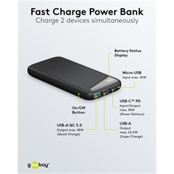 Goobay power bank 10000 mAh fekete (USB-C PD, USB-A QC 3.0)