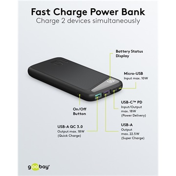Goobay power bank 10000 mAh fekete (USB-C PD, USB-A QC 3.0)