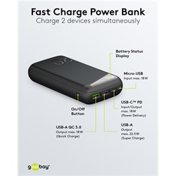 Goobay power bank 20000 mAh fekete (USB-C PD, USB-A QC 3.0)