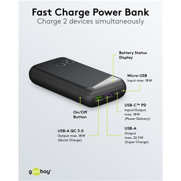 Goobay power bank 20000 mAh fekete (USB-C PD, USB-A QC 3.0)