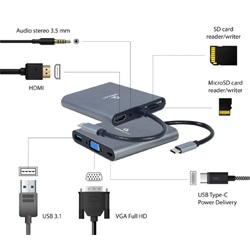 USB Type-C 6 az 1-ben többportos adapter (Hub3.1 + HDMI + VGA + PD + kártyaolvasó + sztereó hang), asztroszürke