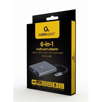 USB Type-C 6 az 1-ben többportos adapter (Hub3.1 + HDMI + VGA + PD + kártyaolvasó + sztereó hang), asztroszürke