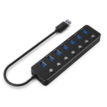 Usb hub 7 portos USB 3.1 (1. generáció) hub kapcsolókkal, fekete